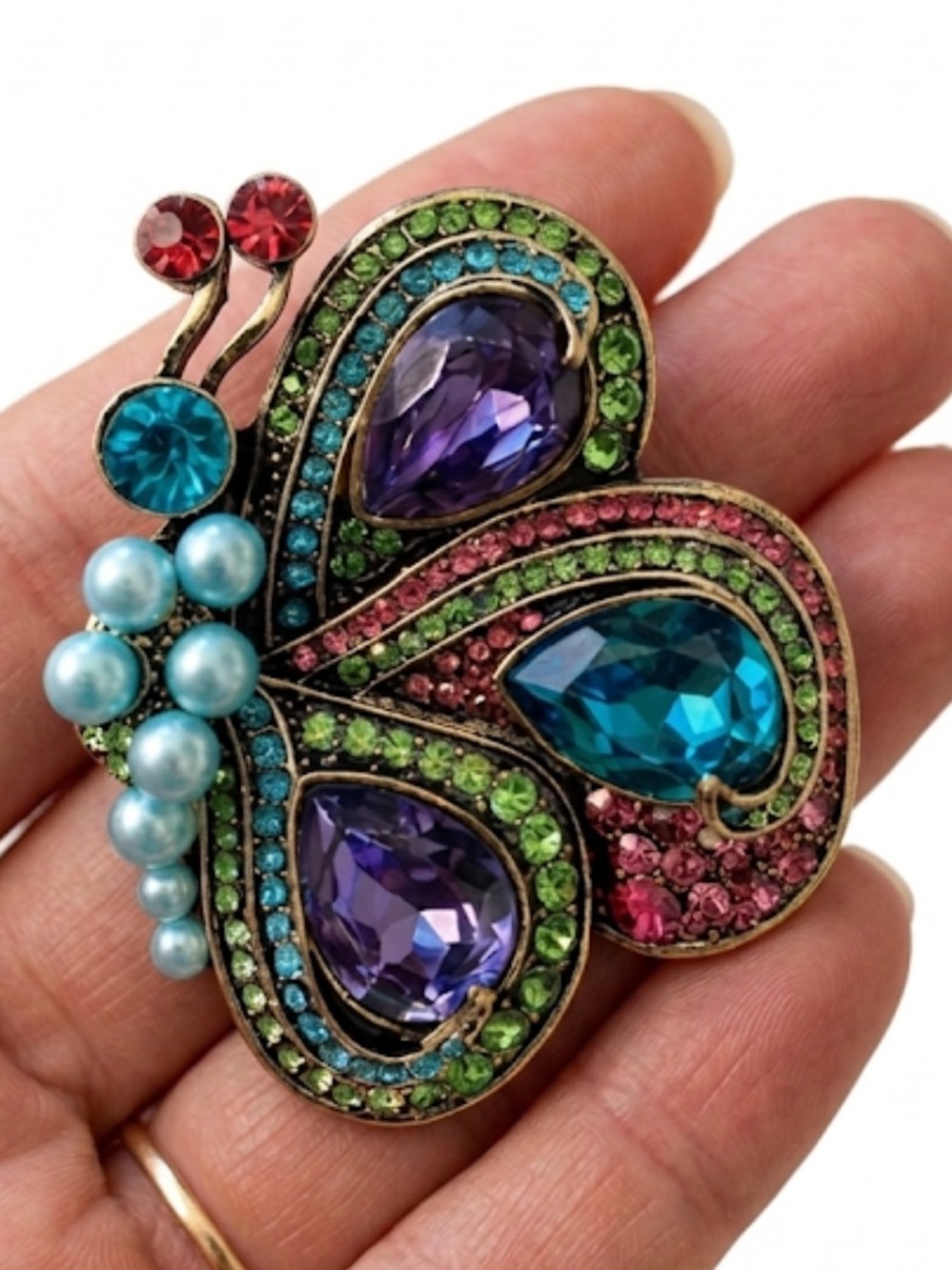 Butterfly Brooch Pin Multicolor Rhinestone Crystal Faux Pearl Vintage Style New - Picture 4 of 8